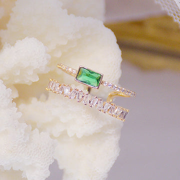Bohemia Emerald Green Crystal Women Ring Double Layers Transparent Zircon Elegant Bague Anillos Shine Bridal Wedding Jewelry daiiibabyyy